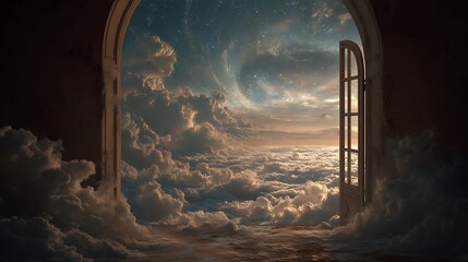 an open window in the middle of the sky showing another universe, surreal portal of consciousness and dreamscape, 