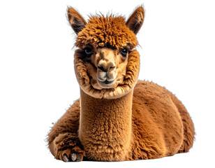 Obraz premium A close-up portrait of a fluffy, brown alpaca, posed lying down with a black background
