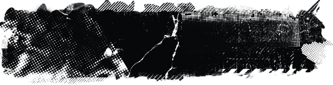Glitch distorted grunge layer . Noise destroyed texture . Trendy defect error shapes . Overlay grunge texture . Distressed effect .Vector shapes with a halftone dots screen print texture.
