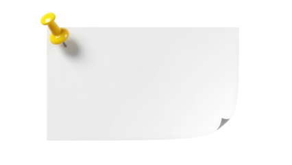 Yellow push pin on blank paper PNG isolated, notice board element for design and presentations on transparent background