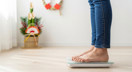 正月太りのイメージ、体重計に乗った女性の足元とお正月のコピースペース
