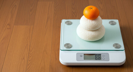 正月太りのメタファー、体重計に乗った鏡餅とコピースペース