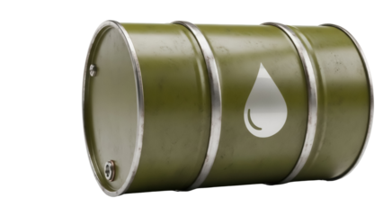 Olive green oil barrel with drop symbol isolated PNG, industrial container for petroleum products on transparent background