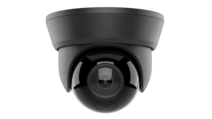 Black dome security camera isolated PNG on transparent background, surveillance system for home safety and crime prevention