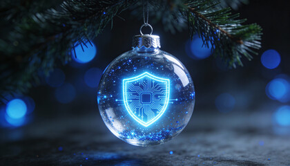 Stunning digital shield ornament gleams with futuristic blue circuits, symbolizing cybersecurity and modern protection during festive holidays