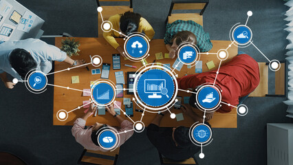 Top view of smart developer team stick idea about Ux Ui design on whiteboard. Smart programmer looking at laptop and present idea while investor listen plan and clap hand. Top view. Convocation. Amity