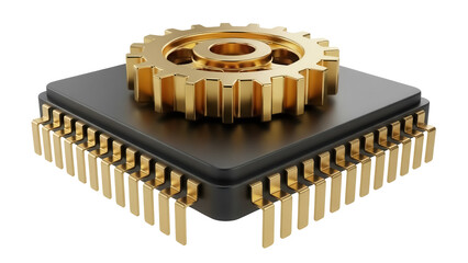 Golden gear on a black microchip PNG isolated on transparent background, computer hardware component for technology and engineering