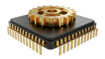 Golden gear on a black microchip PNG isolated on transparent background, computer hardware component for technology and engineering