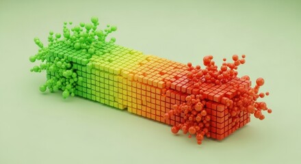Abstract 3D rendering of colorful cubes forming a gradient bar with dynamic, exploding ends, symbolizing data visualization and growth.
