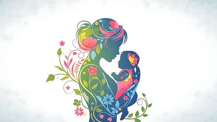 Obraz premium Floral artwork depicting a mother lovingly embracing her baby, symbolizing the profound connection of new life, nurturing love, and the beautiful journey of growth