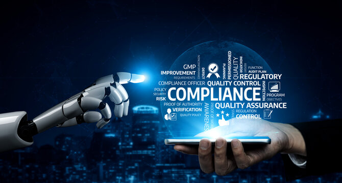 This stock photo features a robotic hand and a human hand interacting, symbolizing compliance and quality assurance in a modern digital business setting. Tessel