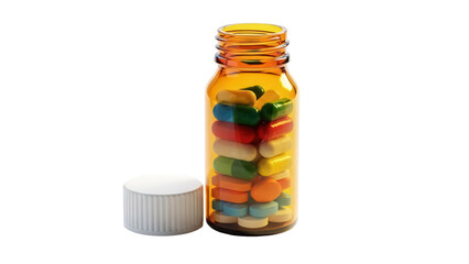 Amber medicine bottle with colorful pills isolated PNG, pharmaceutical product for healthcare and...