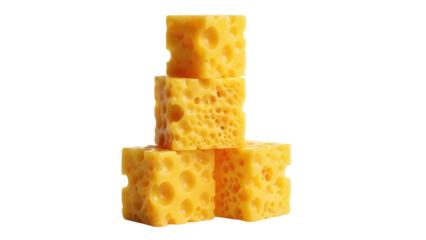 Stack of Swiss cheese cubes isolated PNG on transparent background, yellow porous cheese blocks for food and nutrition concepts