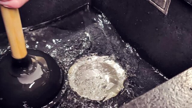 Close-up of a hand using a plunger for clearing clogged kitchen sink drains