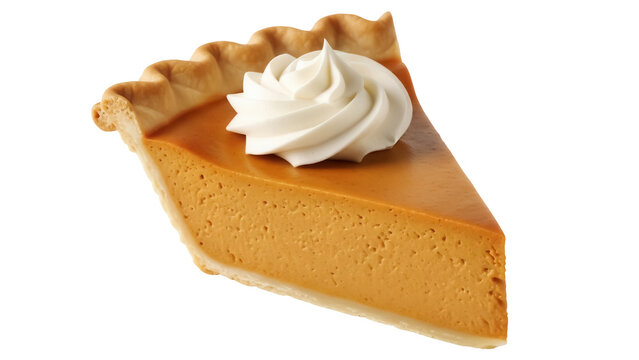 Delicious slice of pumpkin pie with whipped cream isolated PNG, traditional Thanksgiving dessert on transparent background for holiday designs