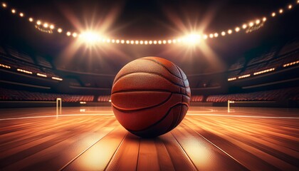 a basketball on the wooden floor of a professional stadium with bright floodlights in the background a concept for championships and the sport of basketball generative ai