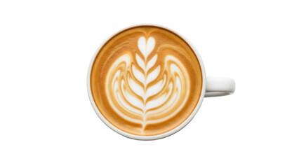 Latte art in a white cup isolated PNG, coffee drink with heart and leaf pattern on transparent background, cafe beverage