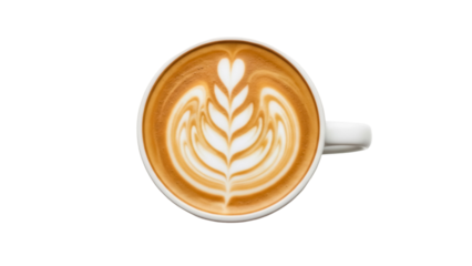 Latte art in a white cup isolated PNG, coffee drink with heart and leaf pattern on transparent background, cafe beverage
