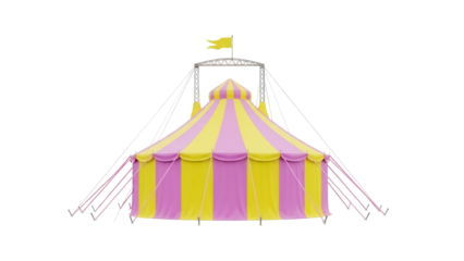 Pink and yellow striped circus tent isolated PNG, big top marquee for carnival or fairground event on transparent background