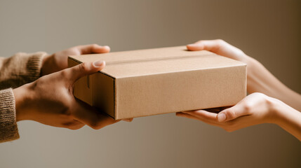 Two people exchanging cardboard box by hand on neutral background, delivery, logistics and cooperation concept with copy space