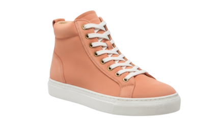Salmon pink high-top sneaker isolated PNG on transparent background, fashionable casual footwear for urban style and everyday wear