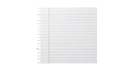 Torn lined paper PNG isolated on transparent background, notebook sheet with red margin for writing notes and design use