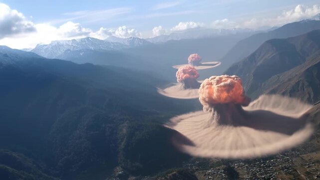 A fighter jet flies over a mountain valley, leaving behind a series of powerful explosions and rising mushroom clouds of smoke above the settlement