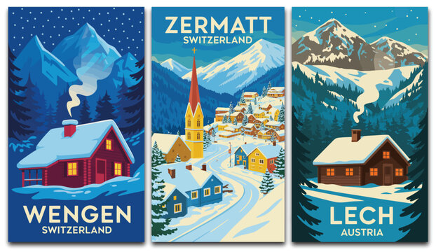 Vintage Alpine Travel Poster, illustrated winter village triptych featuring Zermatt Wengen and Lech snowy mountain destinations in classic retro style artwork