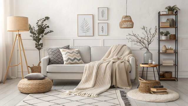 Minimal Scandinavian living room background, clean lines, neutral colors, soft textures, cozy blankets and pillows, lifestyle illustration