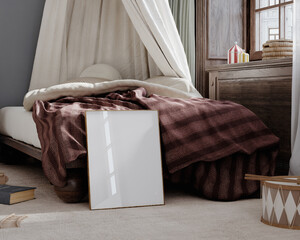 Frame mockup in vintage whimsical nursery, 3d render