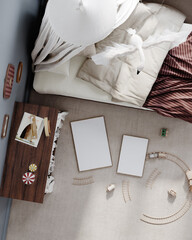 Frame mockup in vintage whimsical nursery, 3d render