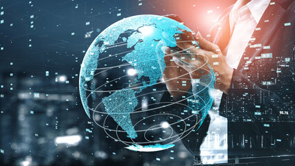 A businessman interacts with a smartphone while visualizing a digital Earth and global network, representing modern technology and urban connectivity in business and communication. Xenic