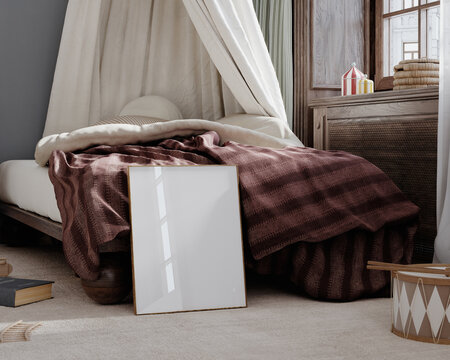 Frame mockup in vintage whimsical nursery, 3d render
