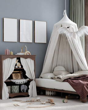 Frame mockup in vintage whimsical nursery, 3d render