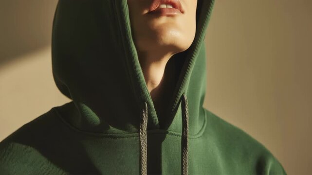 グリーンのフードで俯く日本人少年の静かなポートレート