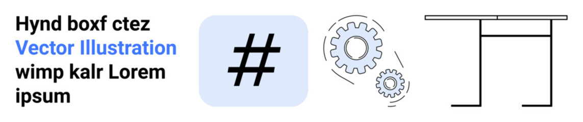 metadata tag icon, text, gears, and table outline suggesting social connections, teamwork, efficiency, technical workflows. Ideal for productivity, collaboration social media mechanics creativity © robu_s