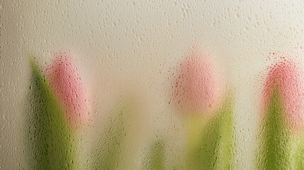 Blurry pink tulips behind raindrop-speckled glass