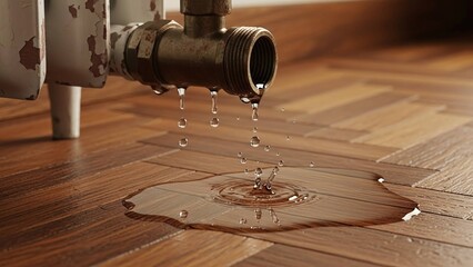 leaking old radiator valve dripping water onto wooden parquet floor for plumbing services, home insurance blogs, maintenance guides and repair awareness, with copy space