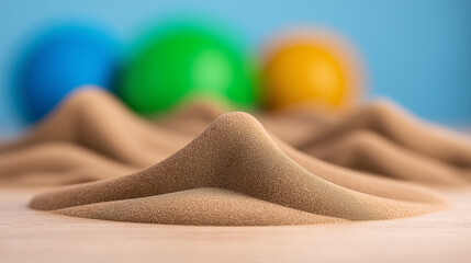 Colorful spheres and sand dunes against blue sky