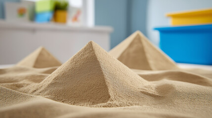 Small sand pyramids on indoor table with playful background decor
