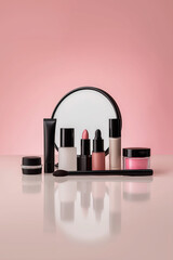Elegant makeup set on reflective surface with soft pink background