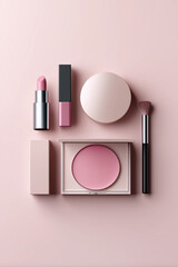 Elegant pink makeup set with lipstick, blush, compact, and brush on pastel background