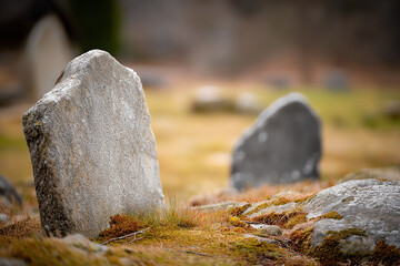 Weathered tombstones in tranquil cemetery with blurry background