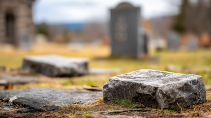 Weathered tombstones in historic cemetery with overgrown grass