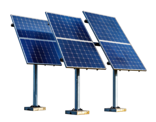 Three blue photovoltaic panels standing upright, harnessing solar energy, against a transparent background
