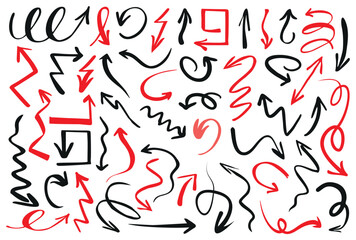 Set of red and black arrows. Isolated contour elements useful for education and presentations. Can be used individually or in groups and scaled freely.