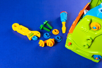 Colorful toys on a blue background