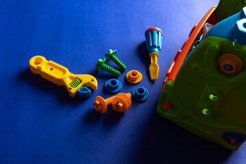 Colorful toys on a blue background