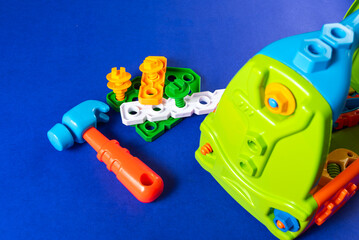 Colorful toys on a blue background