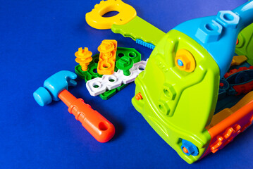 Colorful toys on a blue background